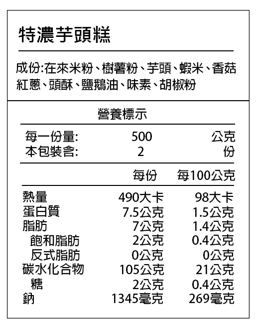 芋頭糕營養標示