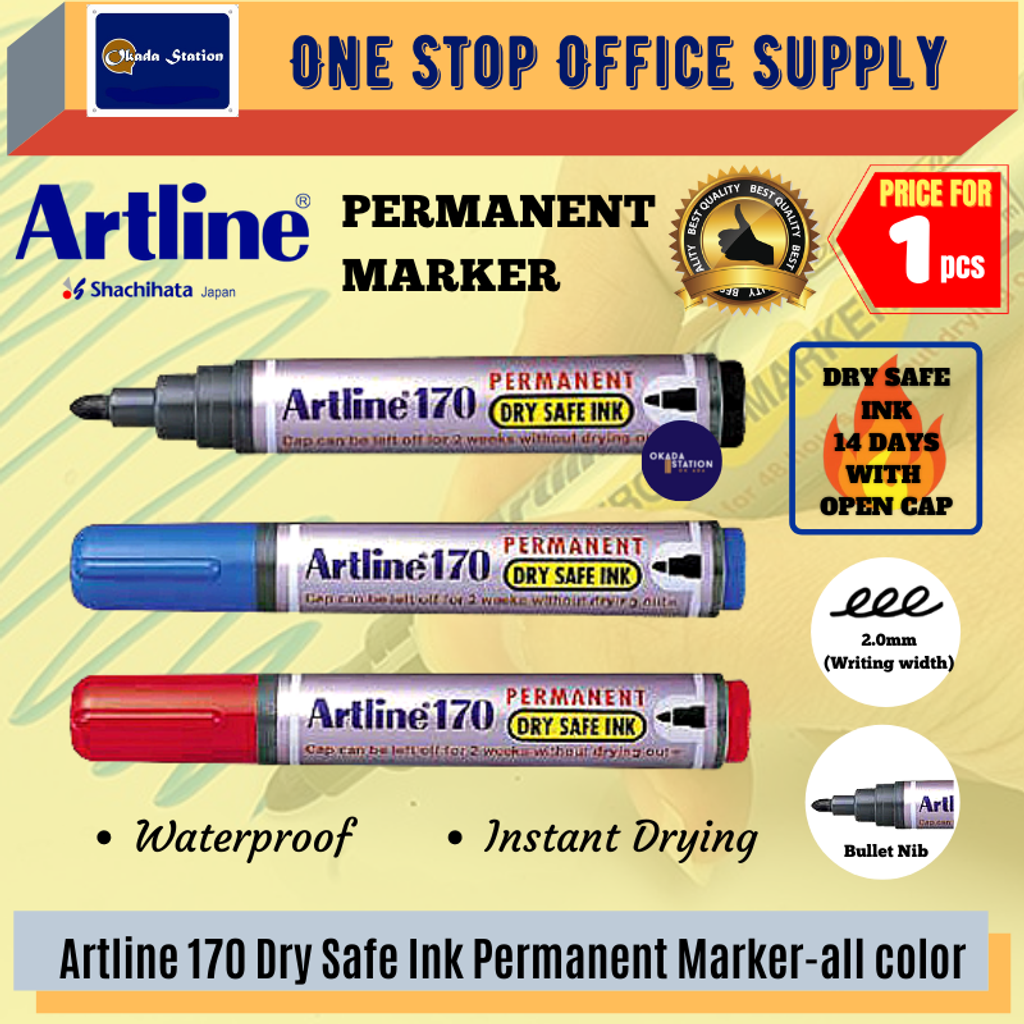 Artline 170 Dry Safe Permanent Marker Pen / Dry Safe Ink / Permanent Marker  Pen 2.0mm – OKADA STATION OFFICE SUPPLY