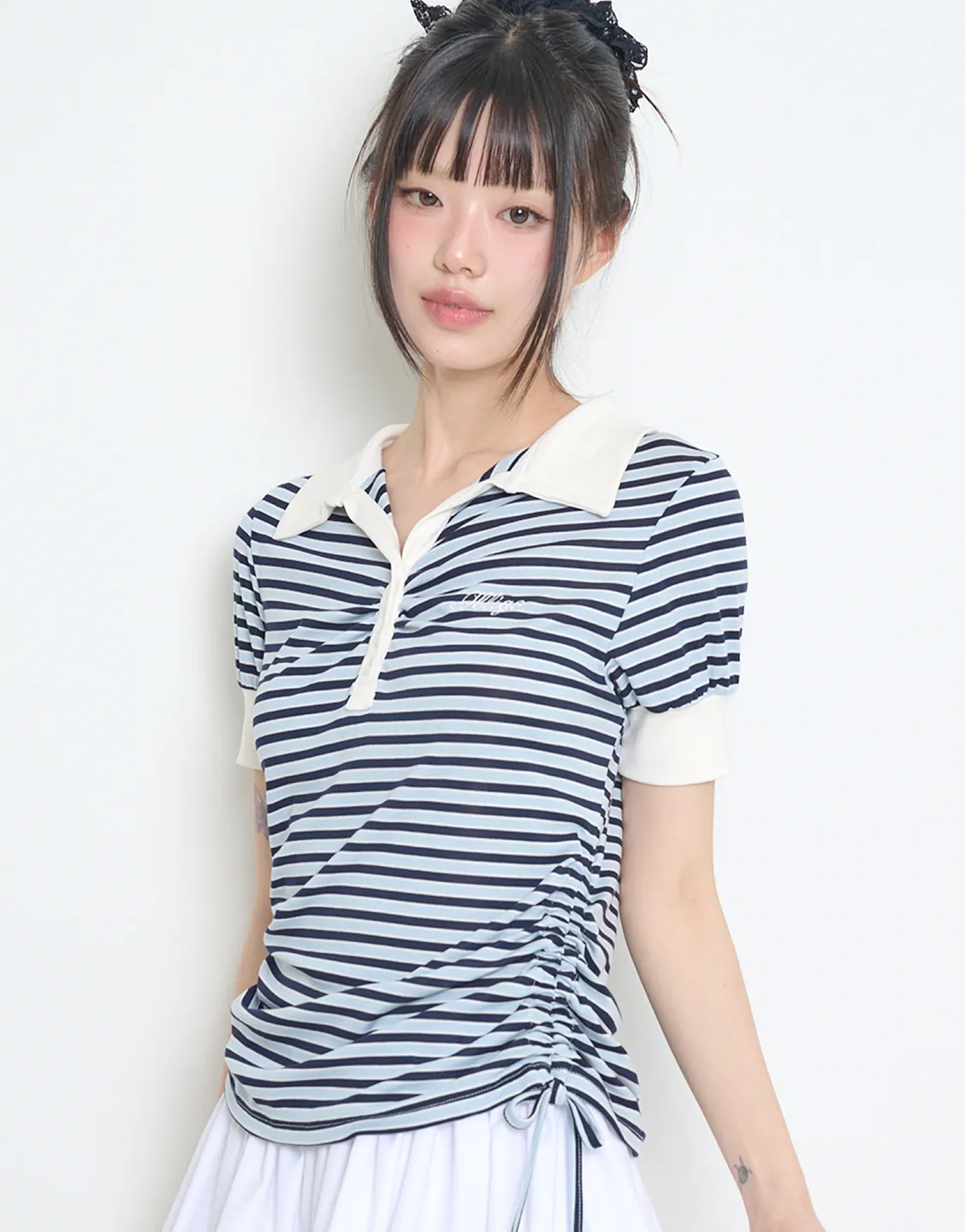ILLIGO_Stripe Shirring Collar Tee Sky (2)