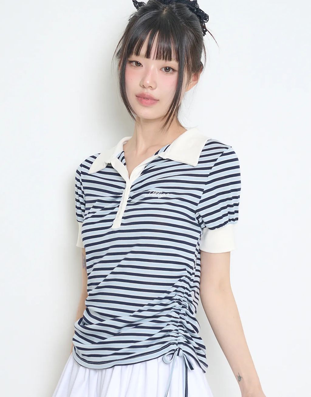 ILLIGO_Stripe Shirring Collar Tee Sky (2)