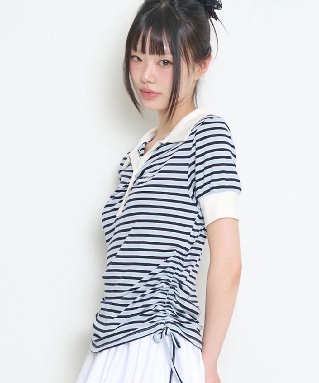 ILLIGO_Stripe Shirring Collar Tee Sky