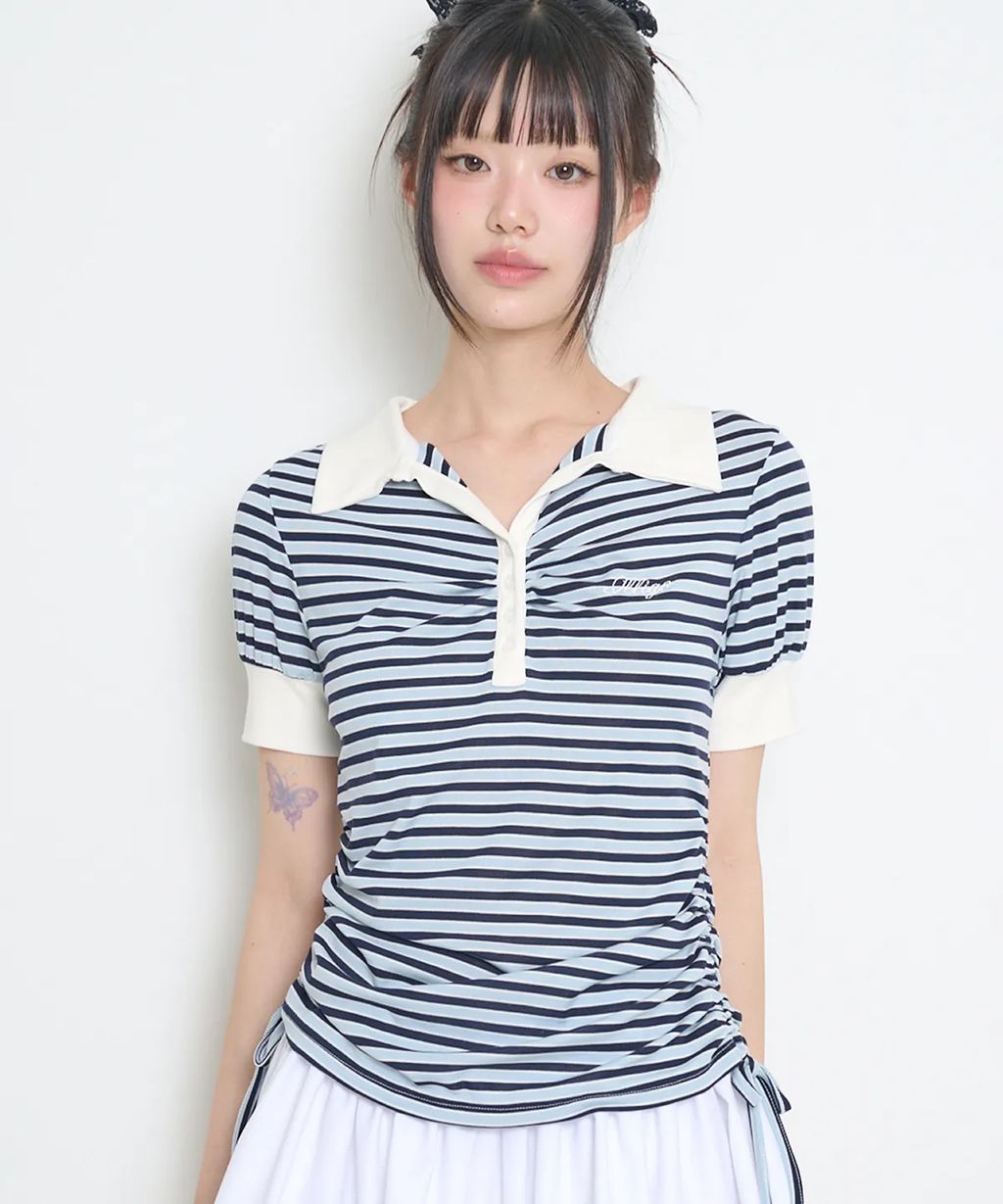 ILLIGO_Stripe Shirring Collar Tee Sky (1)