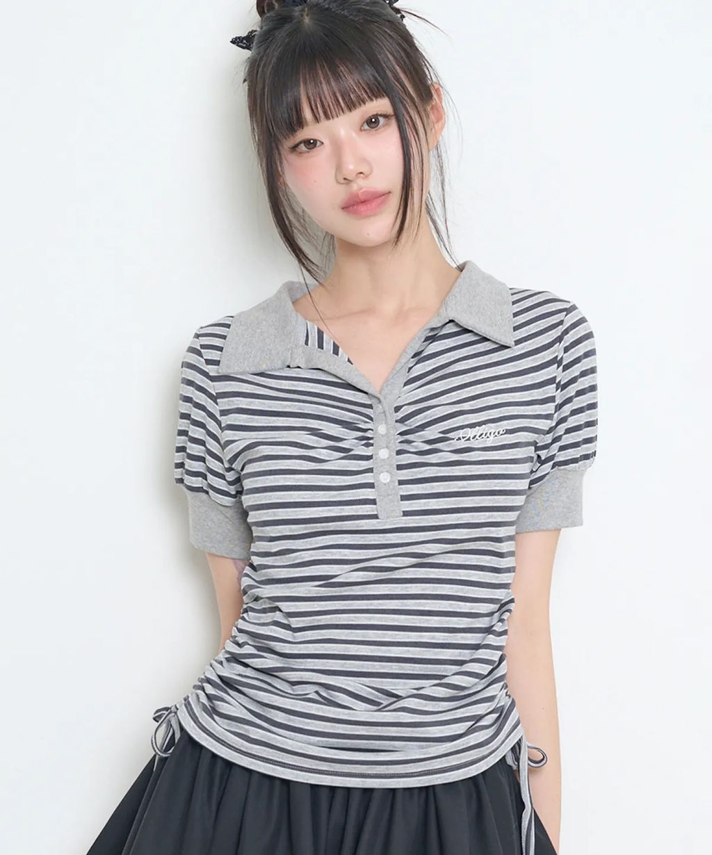 ILLIGO_Stripe Shirring Collar T-Shirt Charcoal (1)
