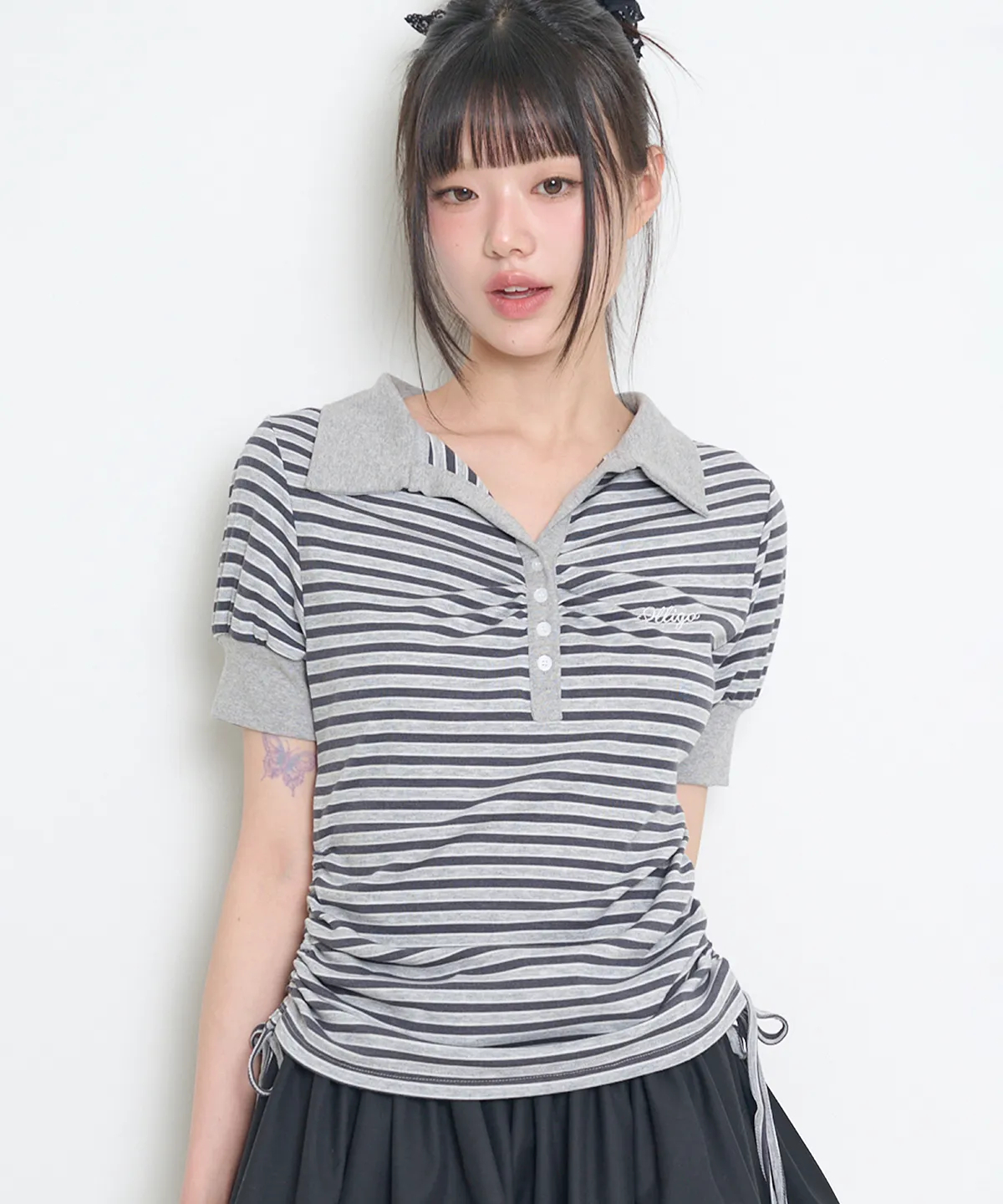 ILLIGO_Stripe Shirring Collar T-Shirt Charcoal (2)