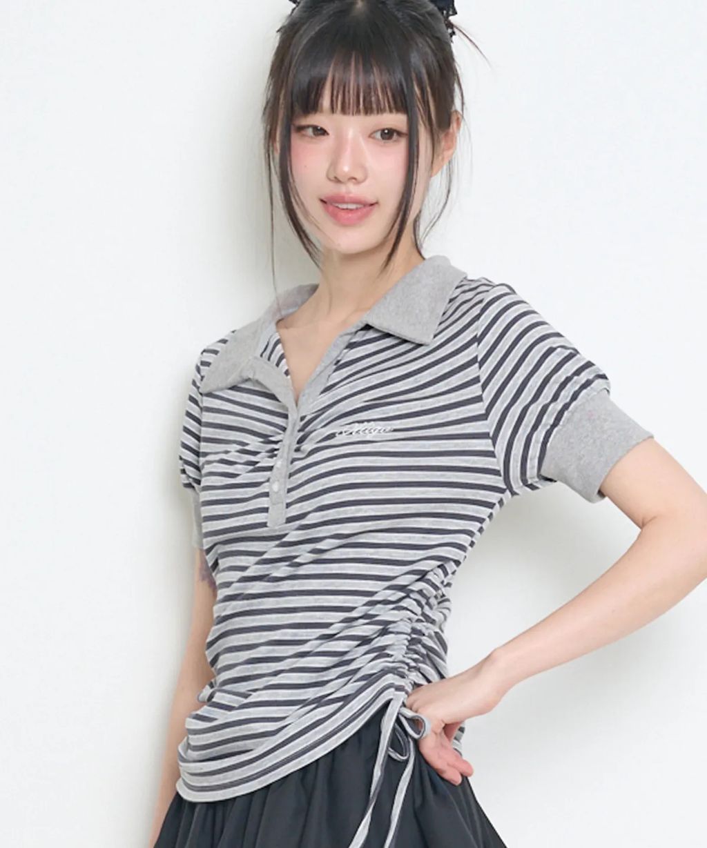 ILLIGO_Stripe Shirring Collar T-Shirt Charcoal