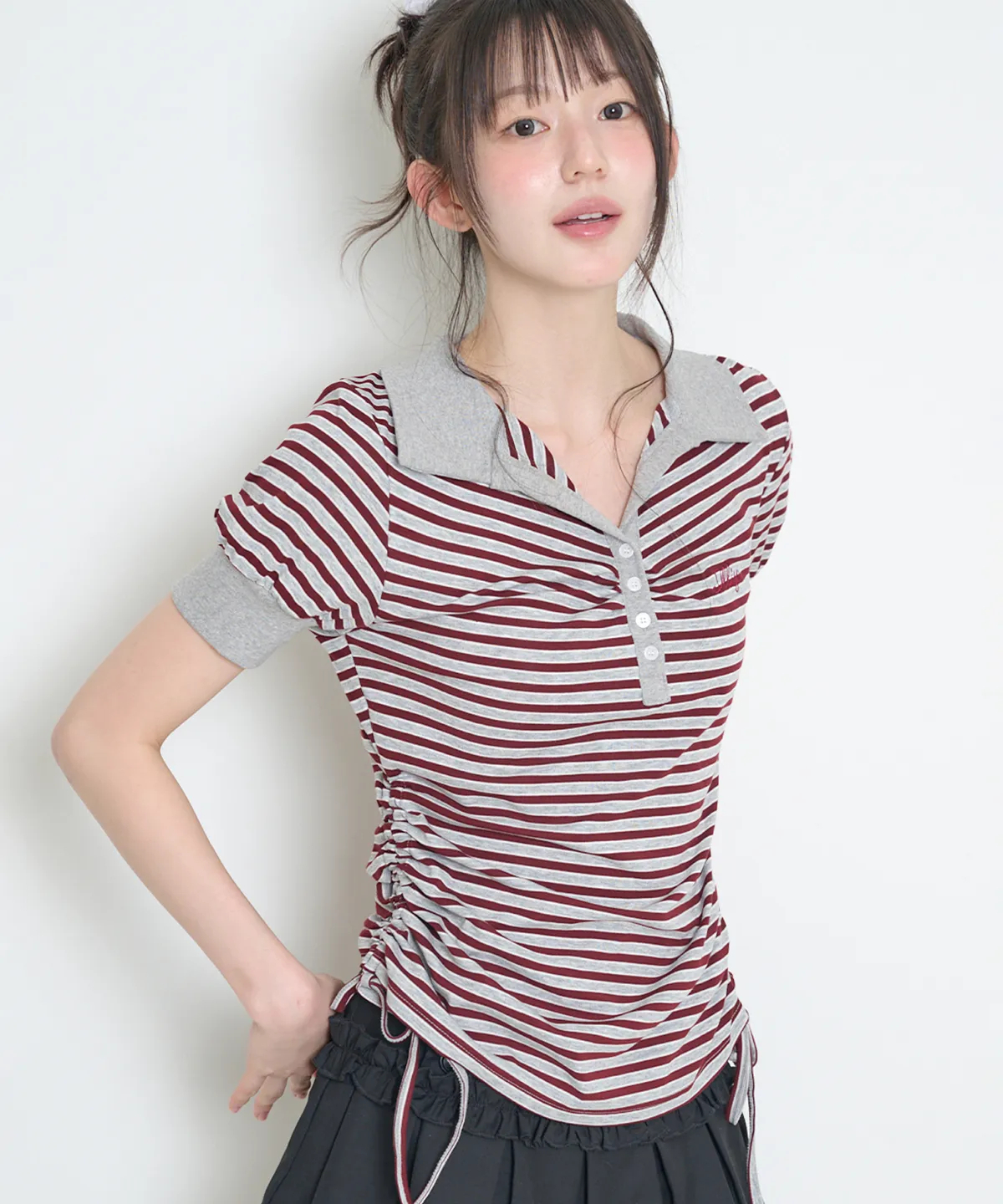 ILLIGO_Striped Shirring Collar T-Shirt Burgundy (2)