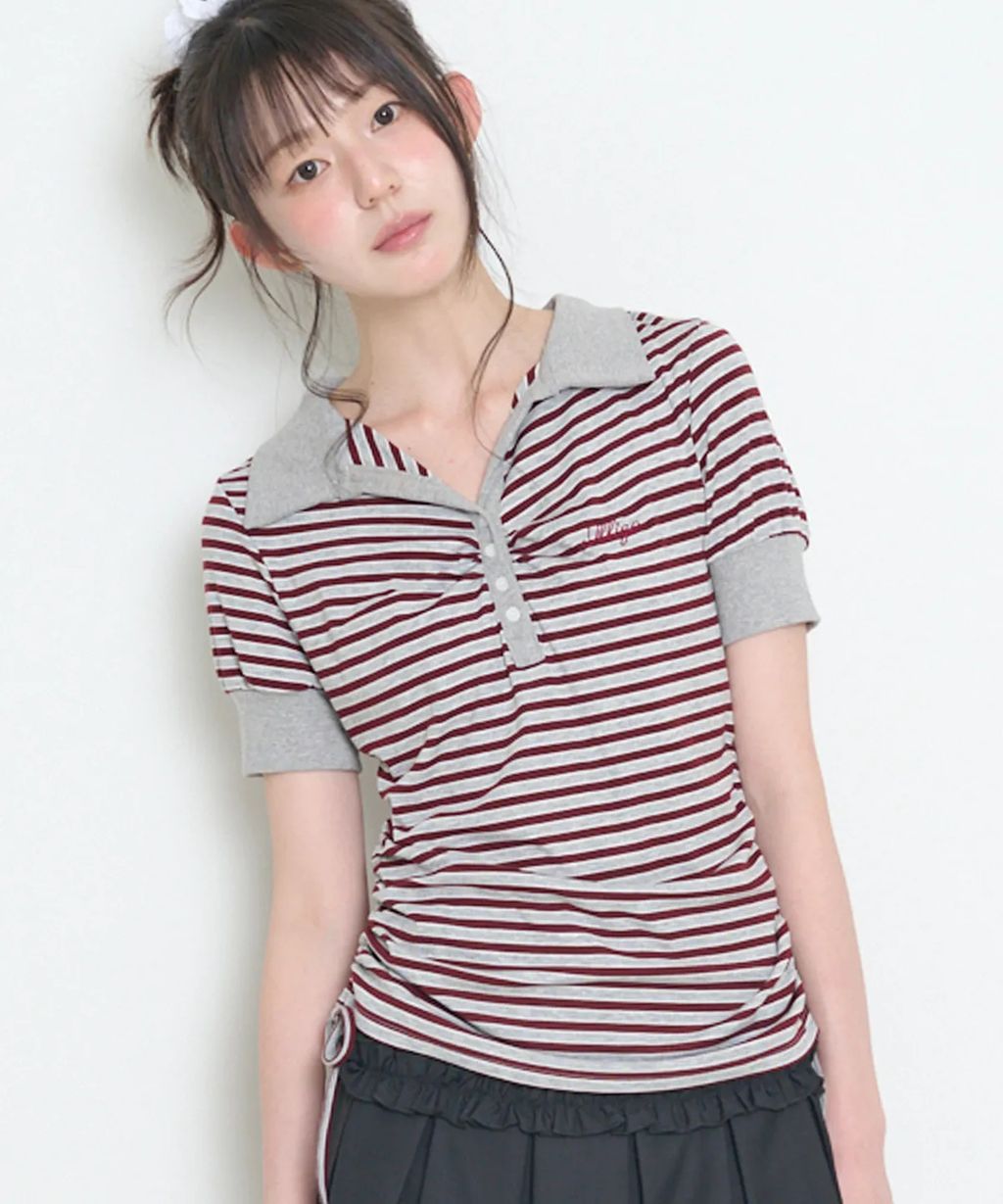 ILLIGO_Striped Shirring Collar T-Shirt Burgundy