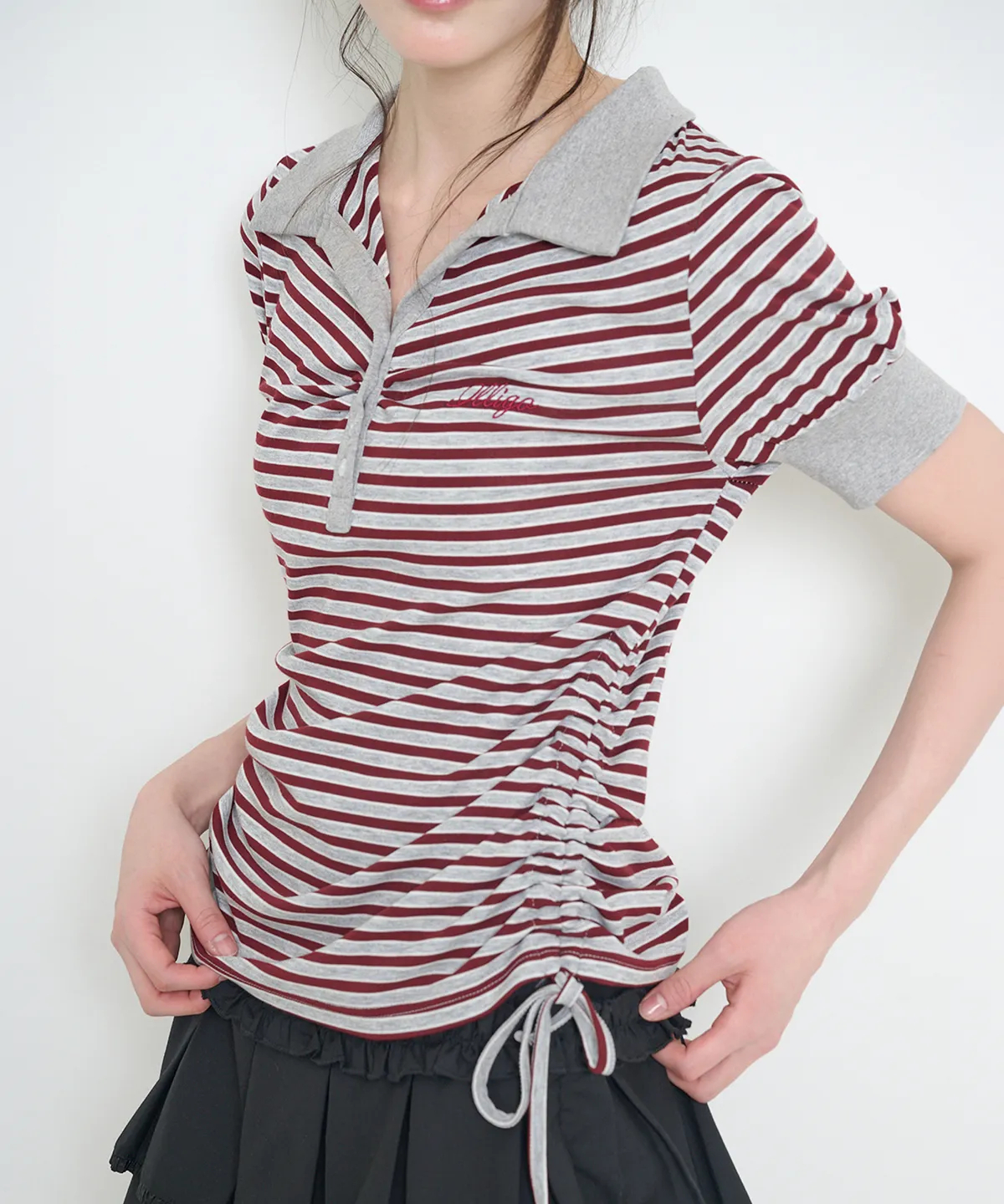 ILLIGO_Striped Shirring Collar T-Shirt Burgundy (1)