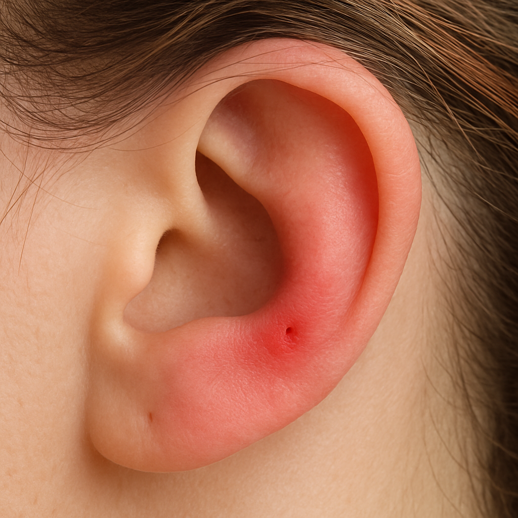 女生配戴耳環後耳垂紅腫過敏，常見金屬飾品過敏反應示意圖