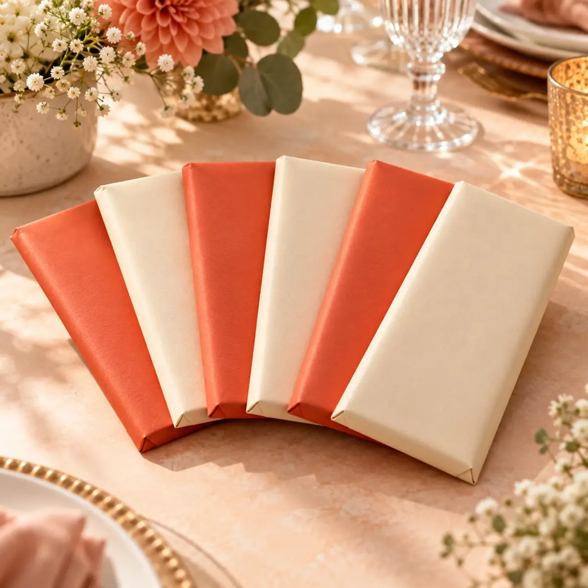 Chocolate bars in coral and cream wrappers fanned out on an event table