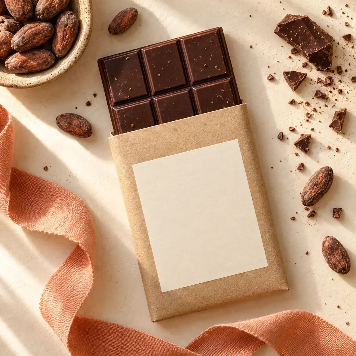 Dark chocolate bar in a kraft sleeve with a blank label for a company logo