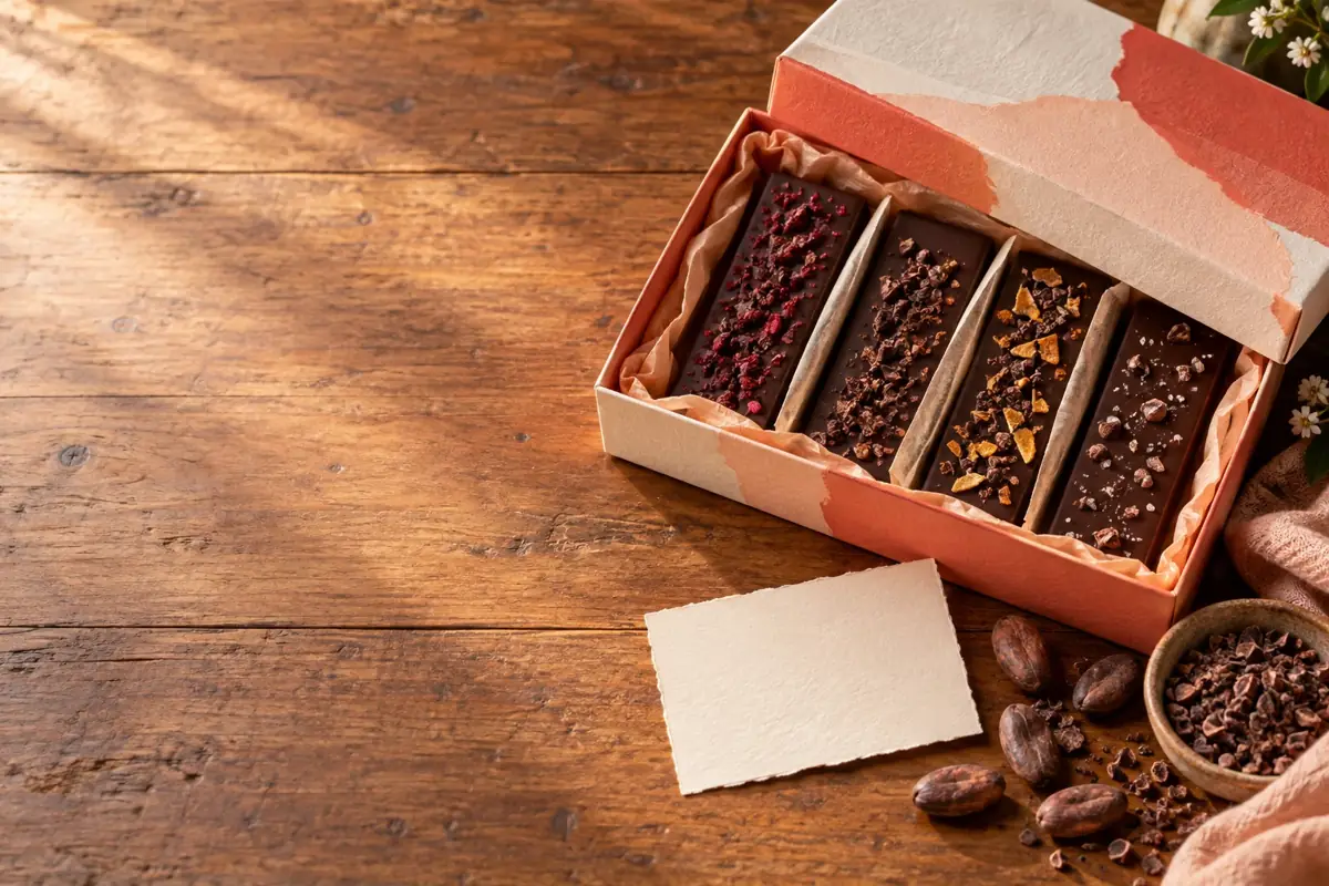 VIVE dark chocolate gift box with a blank message card, cacao beans and nibs on a wooden table