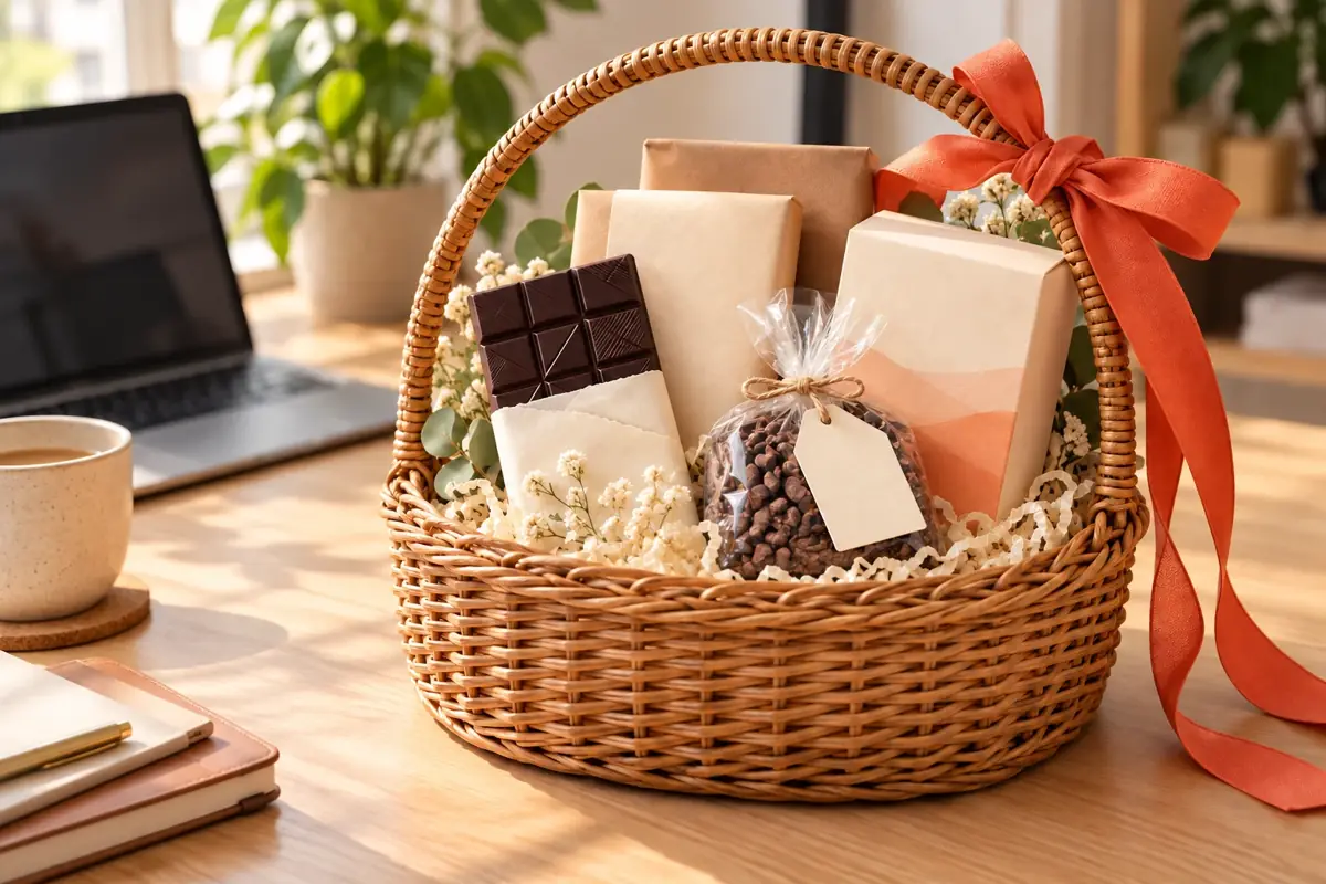 Corporate chocolate gift hamper in a rattan basket with a coral ribbon on an office desk