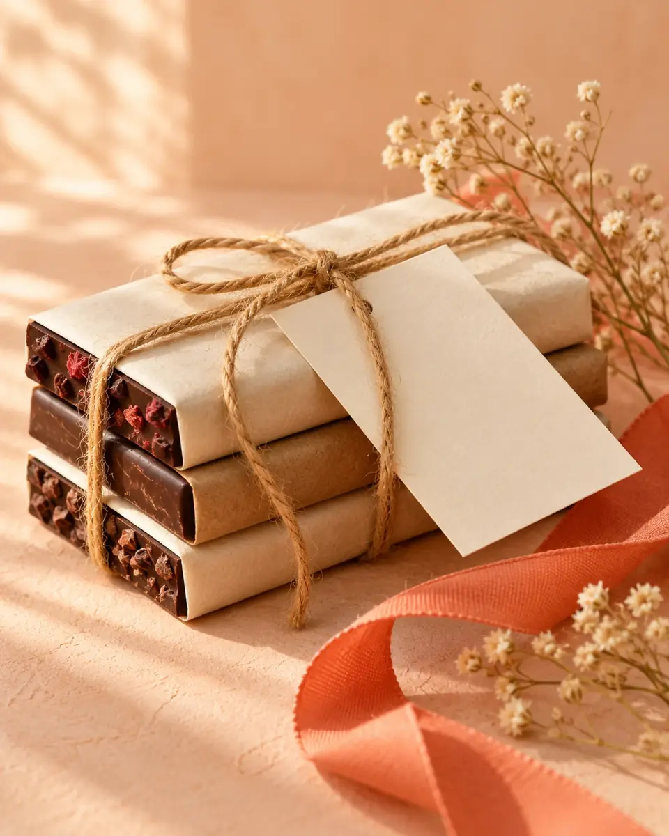Three chocolate bars tied with twine and a blank message card