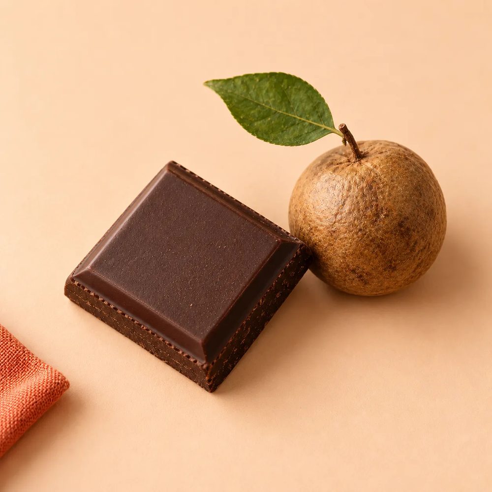 Dark chocolate square beside a monk fruit