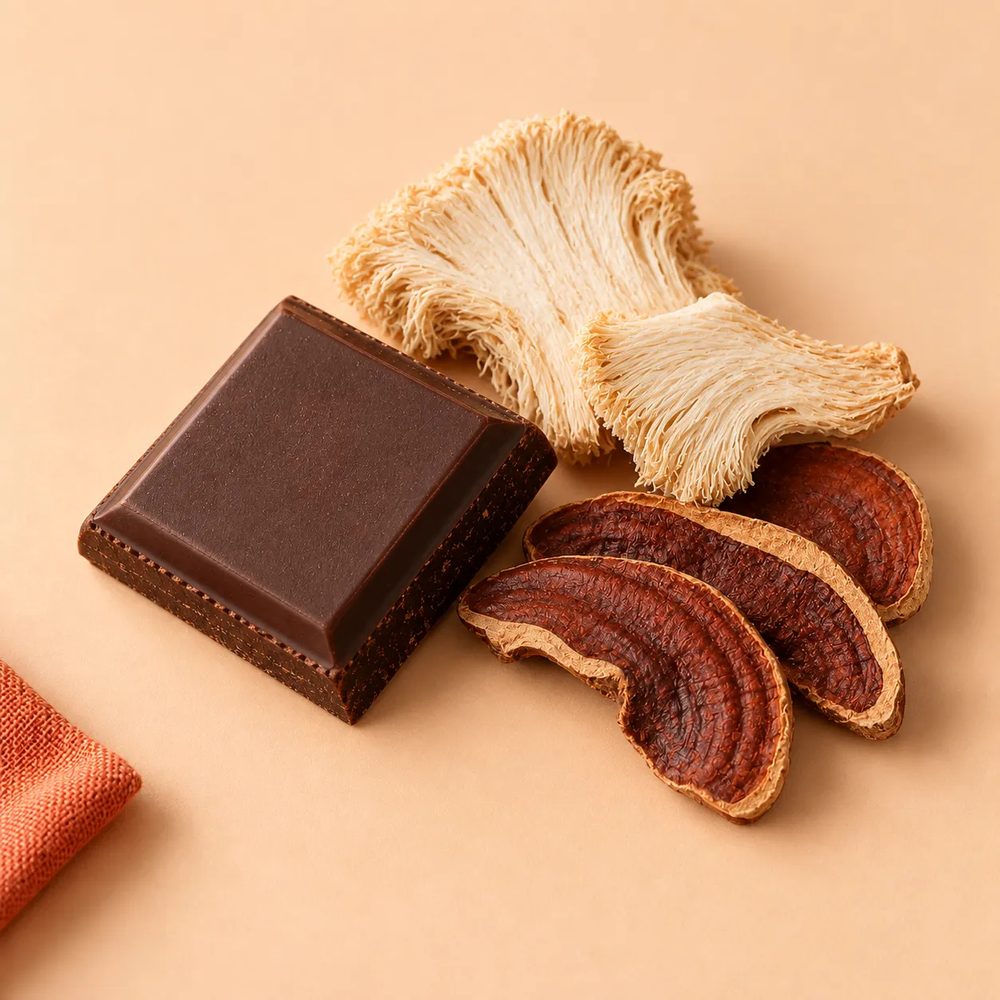 Dark chocolate with dried mushrooms on a peach background