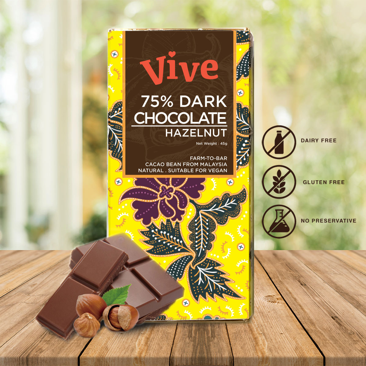 75% Dark Chocolate Bar 黑巧克力(Hazelnut 榛果) - 45g – VIVE SNACK - Taste Real  Malaysian Chocolate, Handcrafted Locally!