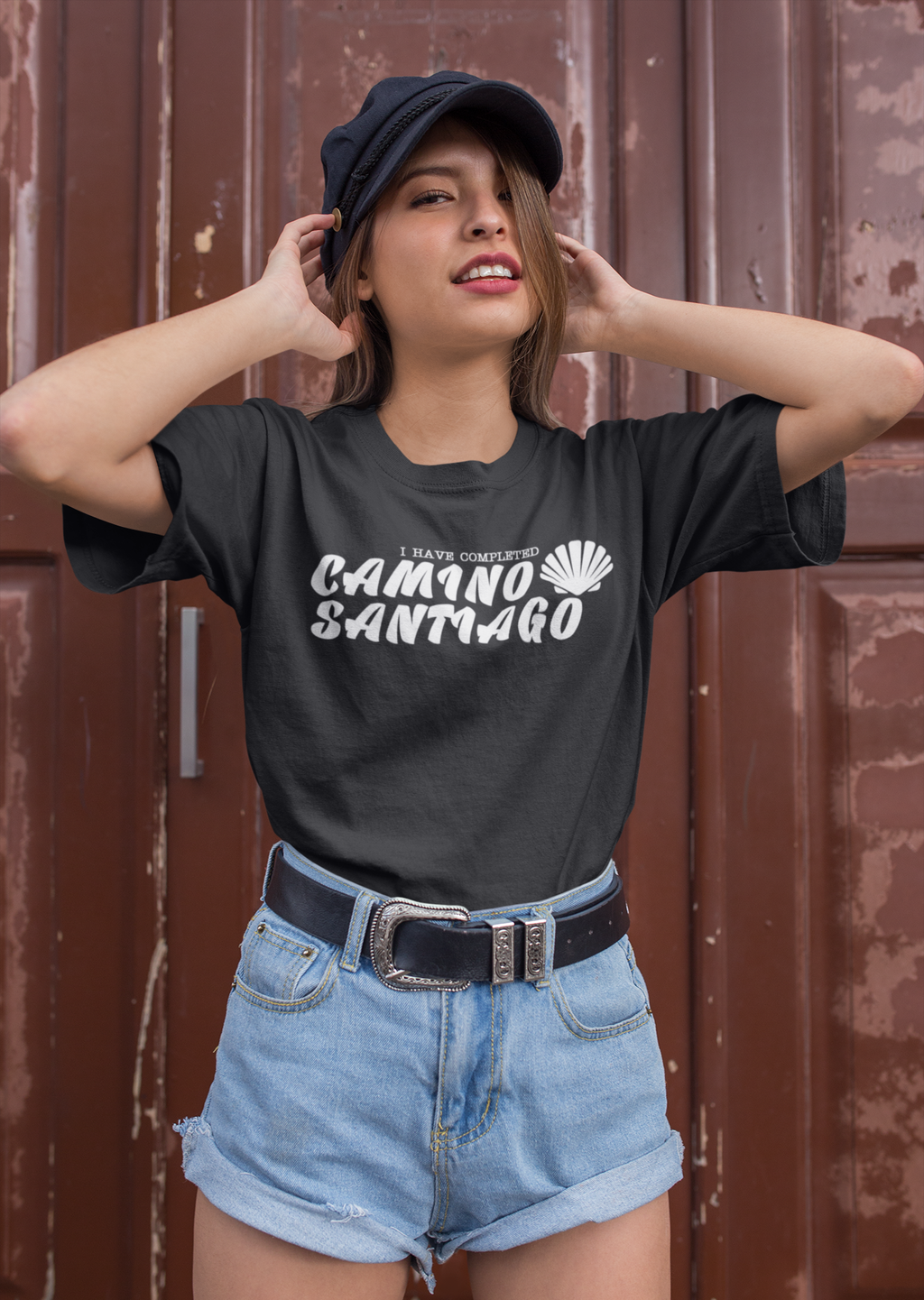 round-neck-t-shirt-mockup-featuring-a-woman-with-denim-shorts-and-a-cowboy-belt-22954