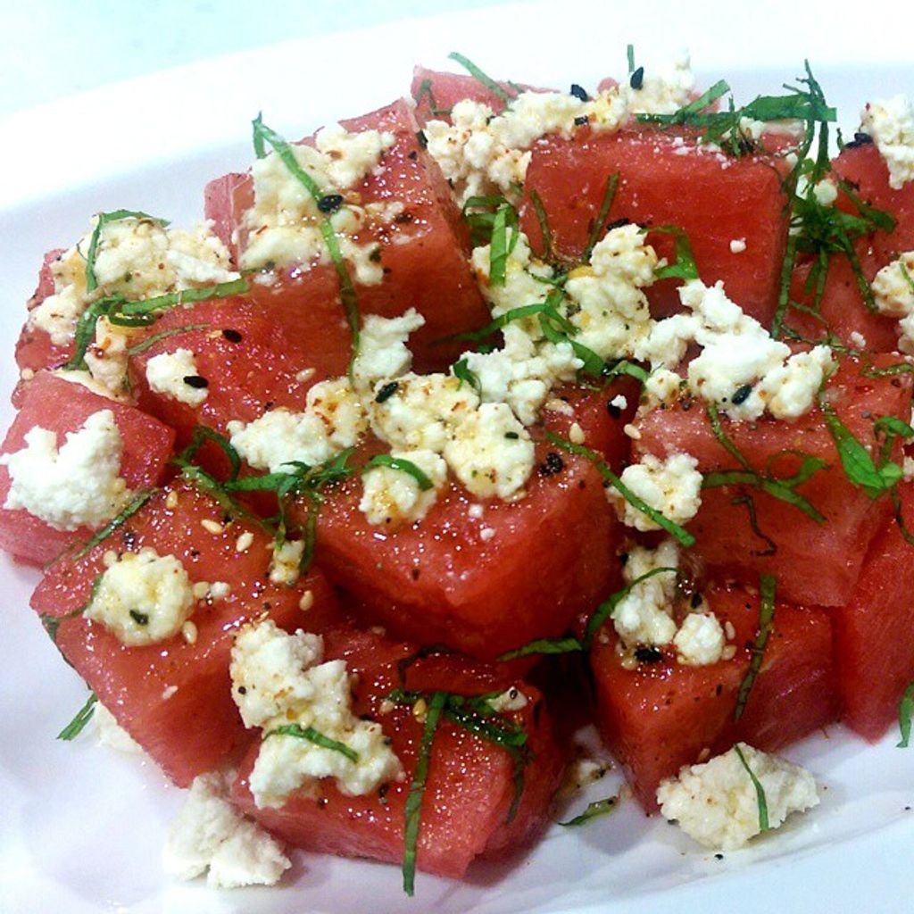 Watermelon and Cottage Cheese Salad with Orange and Honey Dressing.