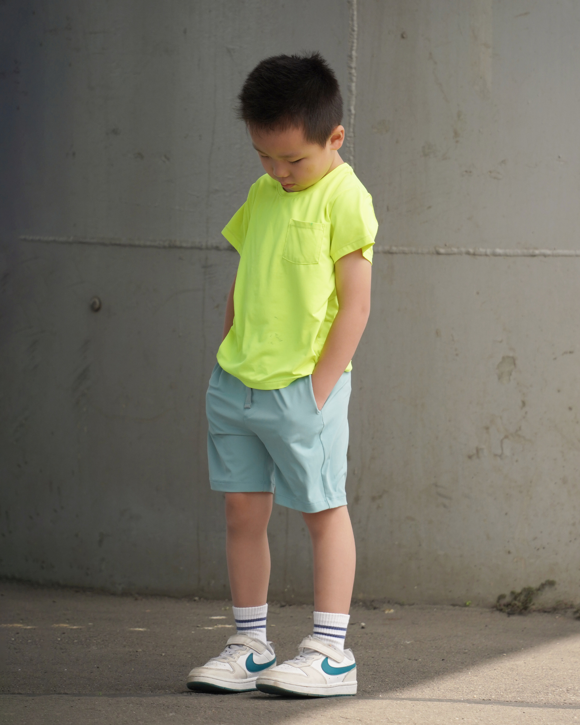 Kids 短褲 藍泡+螢黃T