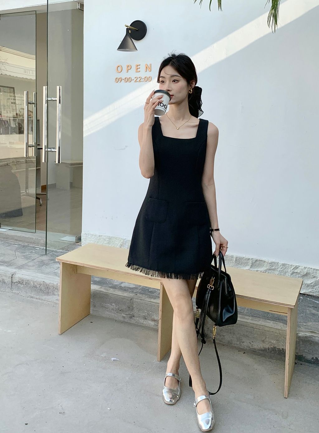 HAZEL TASSELS TWEED DRESS IN BLACK littletickle