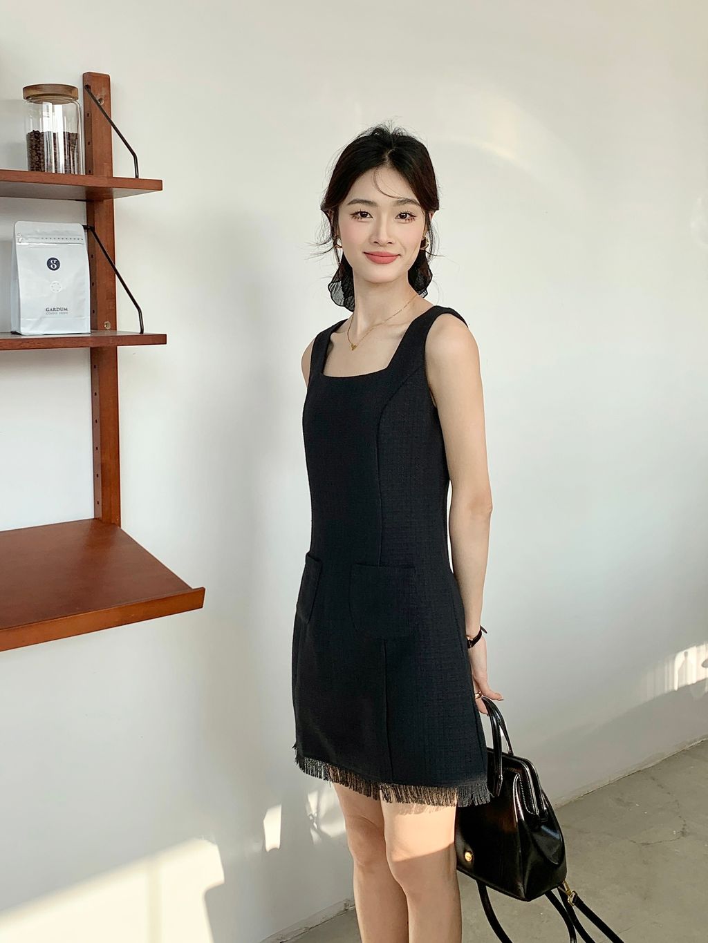 HAZEL TASSELS TWEED DRESS IN BLACK littletickle