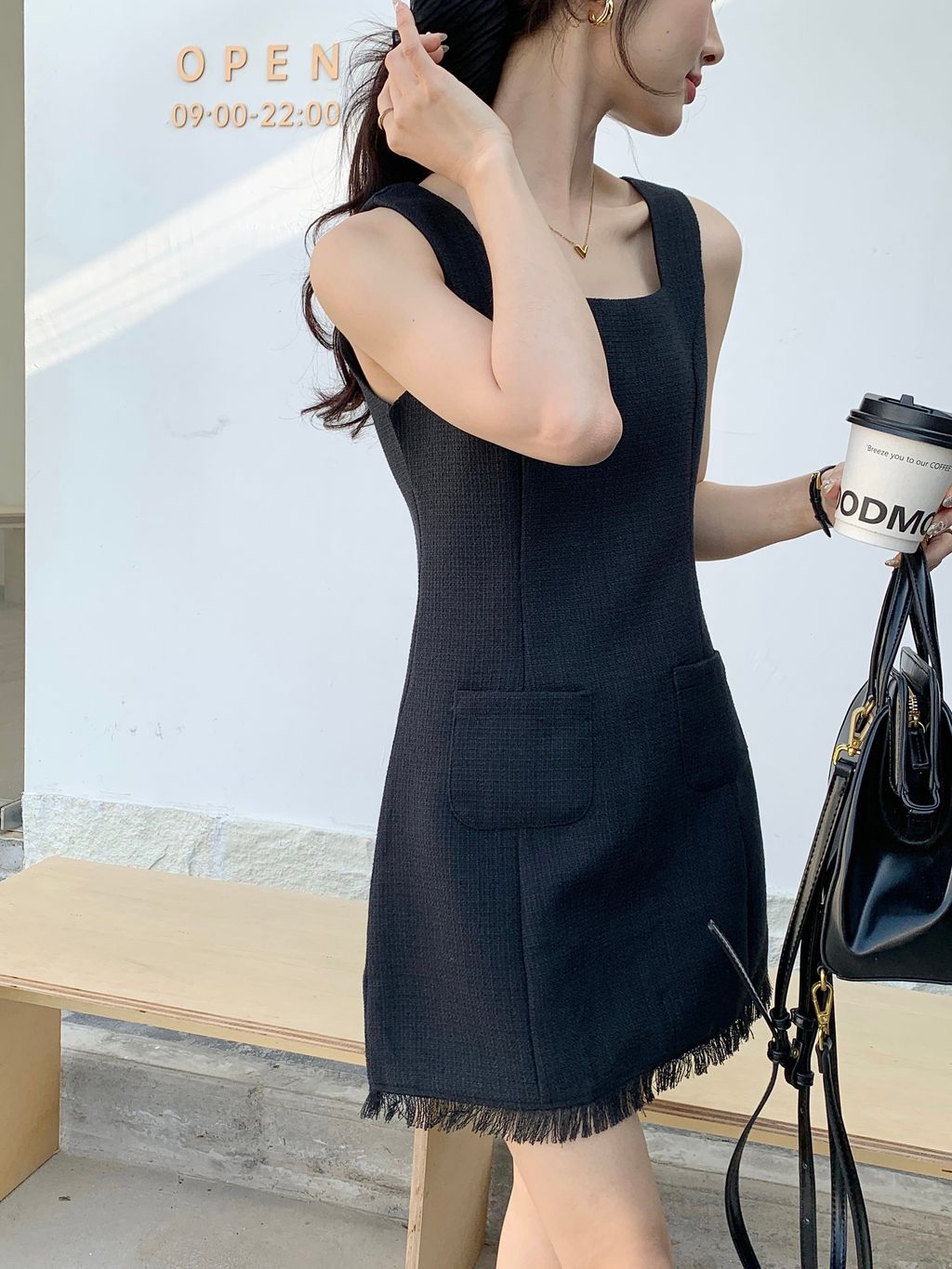 HAZEL TASSELS TWEED DRESS IN BLACK littletickle