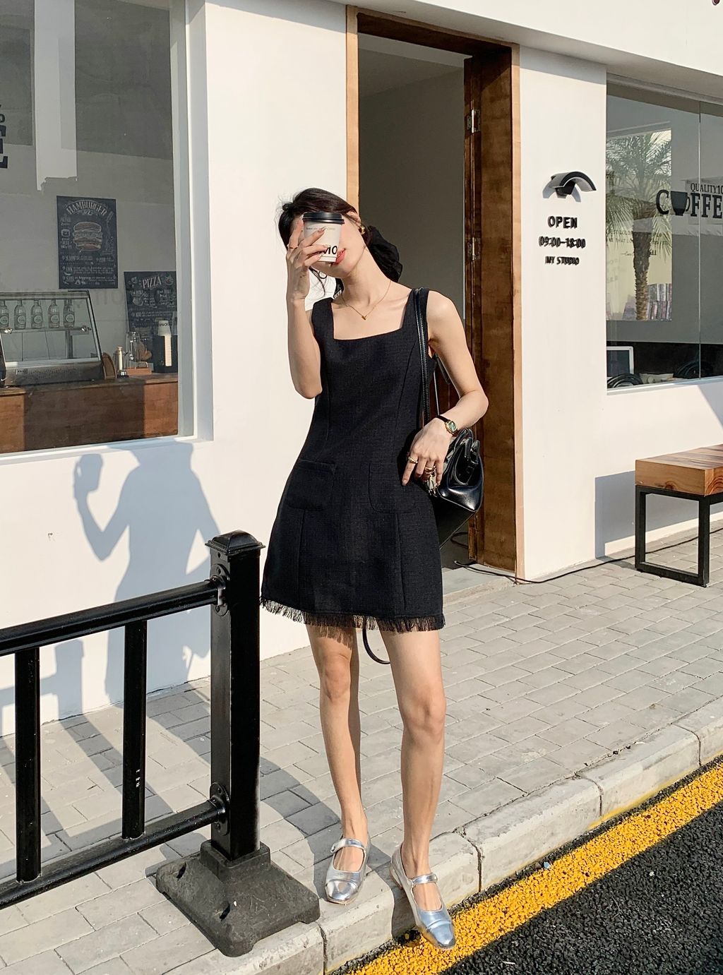 HAZEL TASSELS TWEED DRESS IN BLACK littletickle