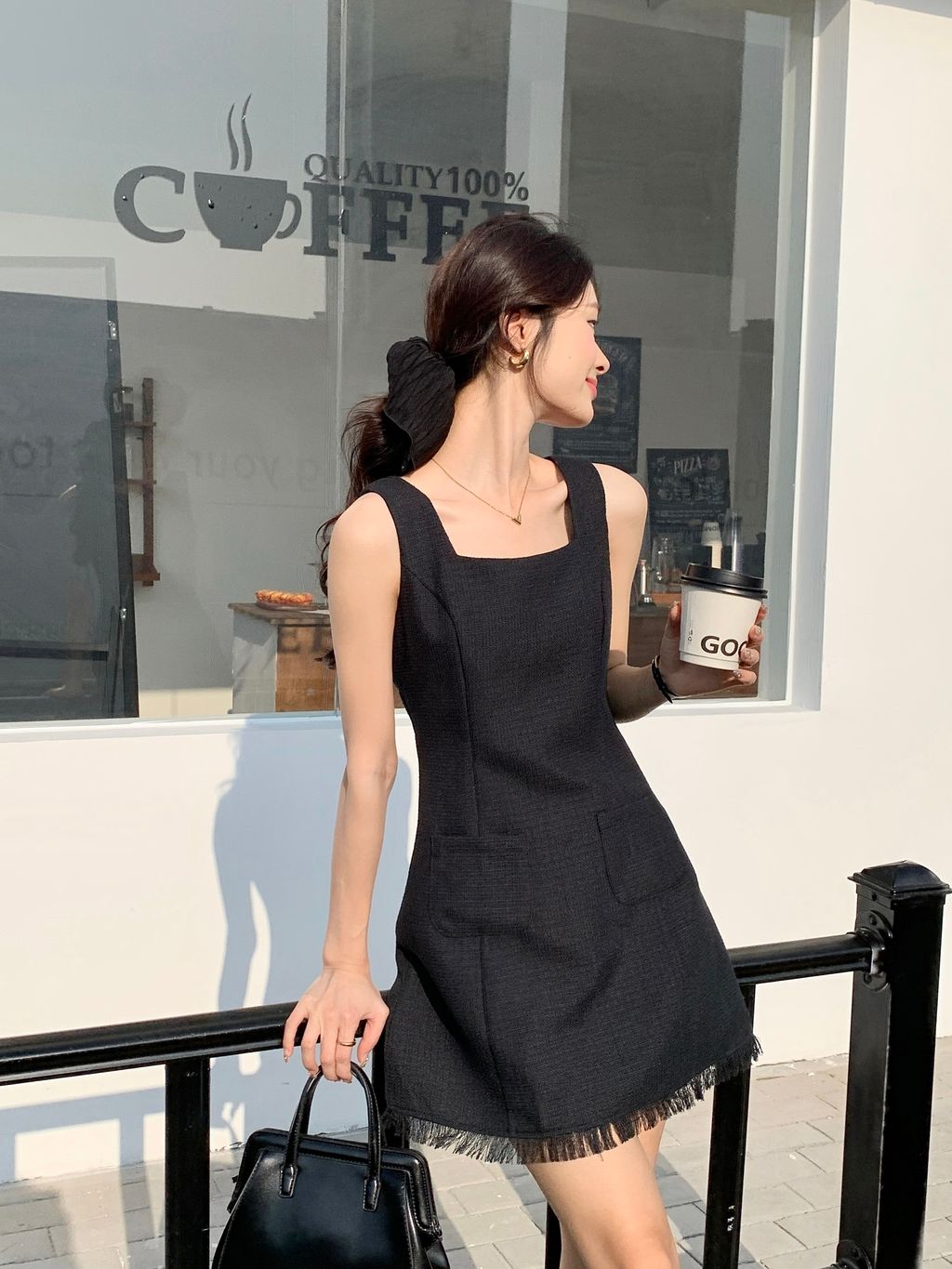 HAZEL TASSELS TWEED DRESS IN BLACK littletickle