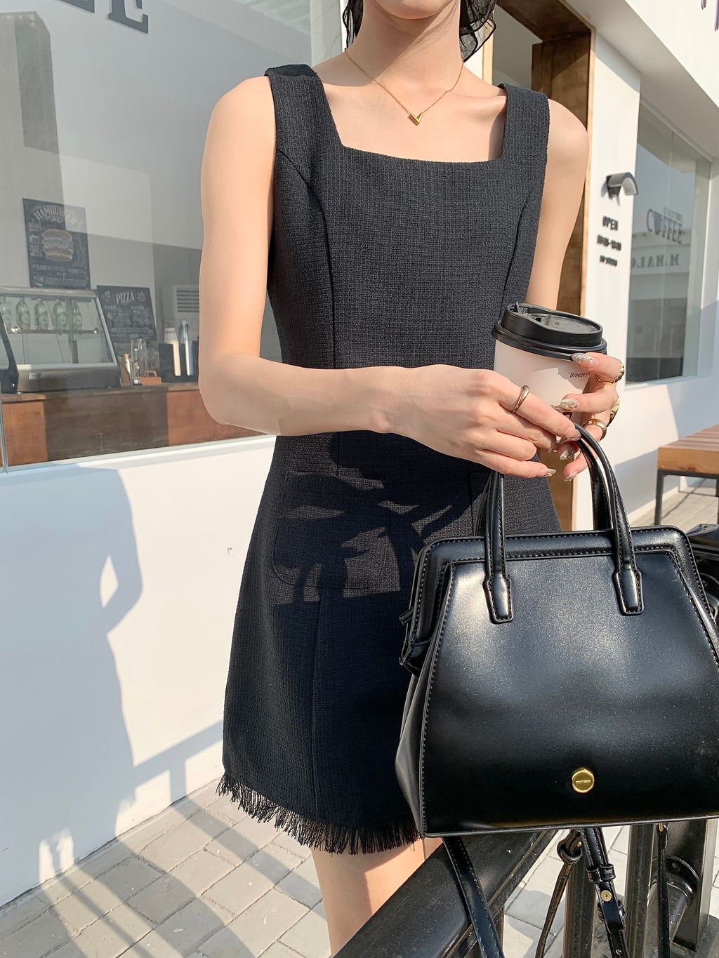 HAZEL TASSELS TWEED DRESS IN BLACK littletickle