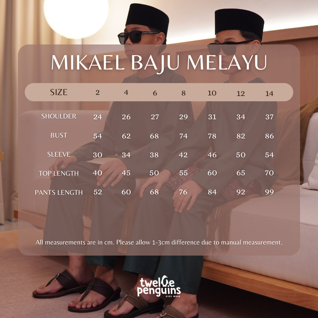 Mikael Baju Melayu Measurement Chart