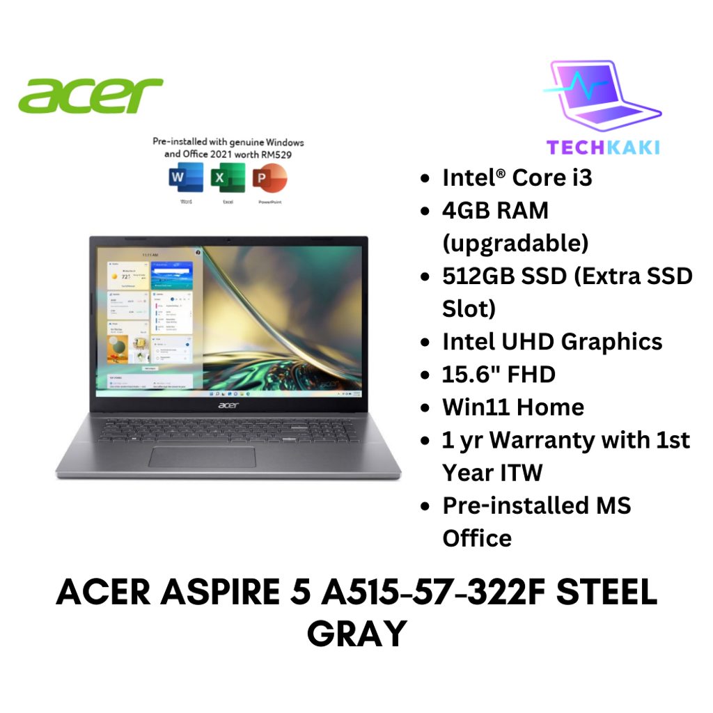 Acer Aspire 5 A515-57-322F 15.6'' FHD Laptop Steel Gray ( I3-1215U, 4GB, 512GB SSD, Intel, W11, HS )