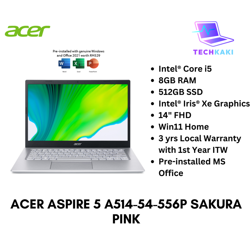 Acer Aspire 5 A514-54-556P 14'' FHD Laptop Sakura Pink ( I5-1135G7, 8GB, 512GB SSD, Iris Xe, W11, HS )