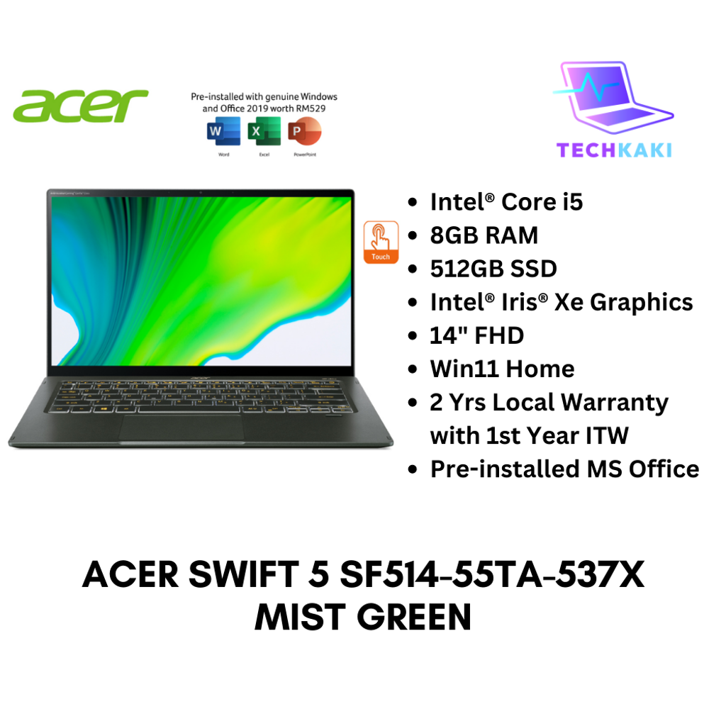 Acer Swift 5 SF514-55TA-537X 14'' FHD Touch Laptop Mist Green ( I5-1135G7, 8GB, 512GB SSD, Iris Xe, W11, HS )
