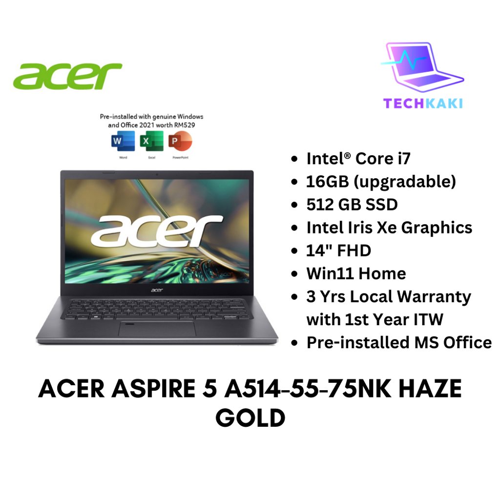 Acer Aspire 5 A514-55-75NK 14'' FHD Laptop Haze Gold ( I7-1255U, 16GB, 512GB SSD, Intel, W11, HS )