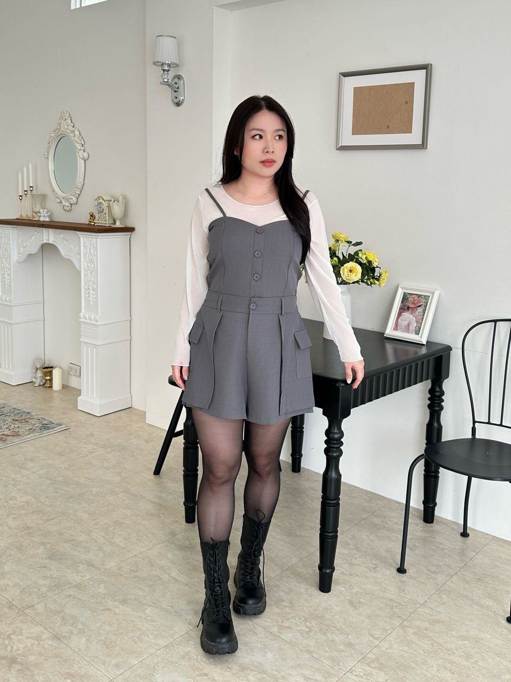 透膚圓領滾邊長袖上衣 (8)