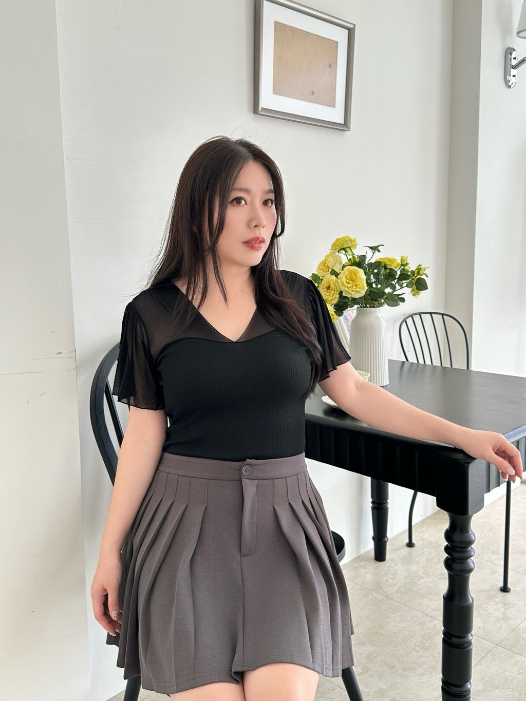 (台灣製)桃心V領荷葉袖上衣 (13)