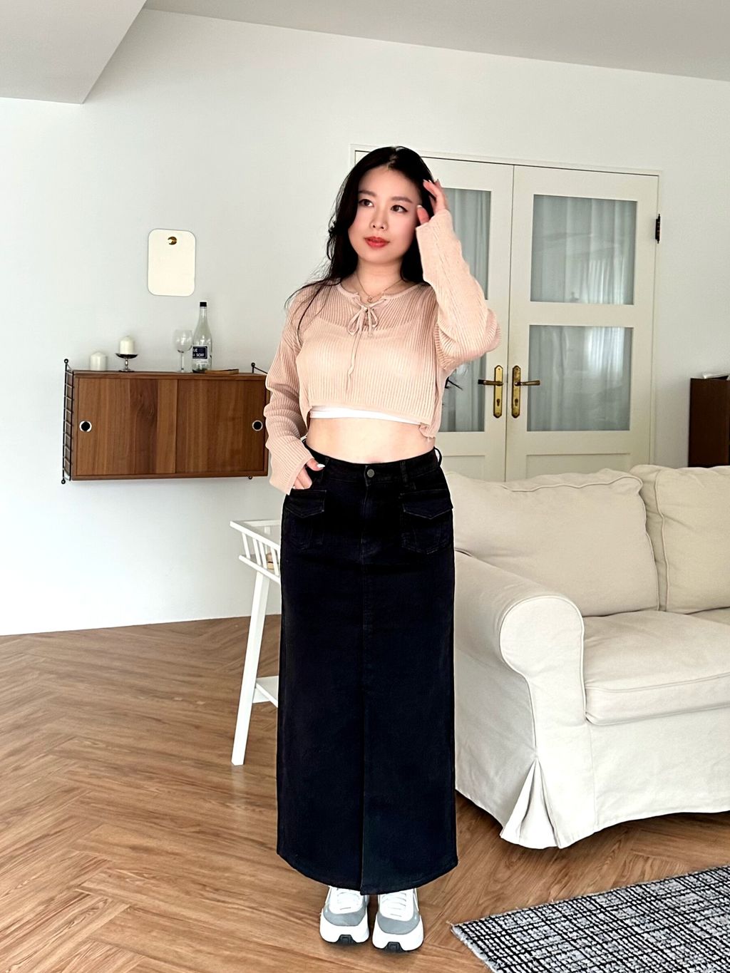 (正韓)前開衩剪裁牛仔長裙 (6)