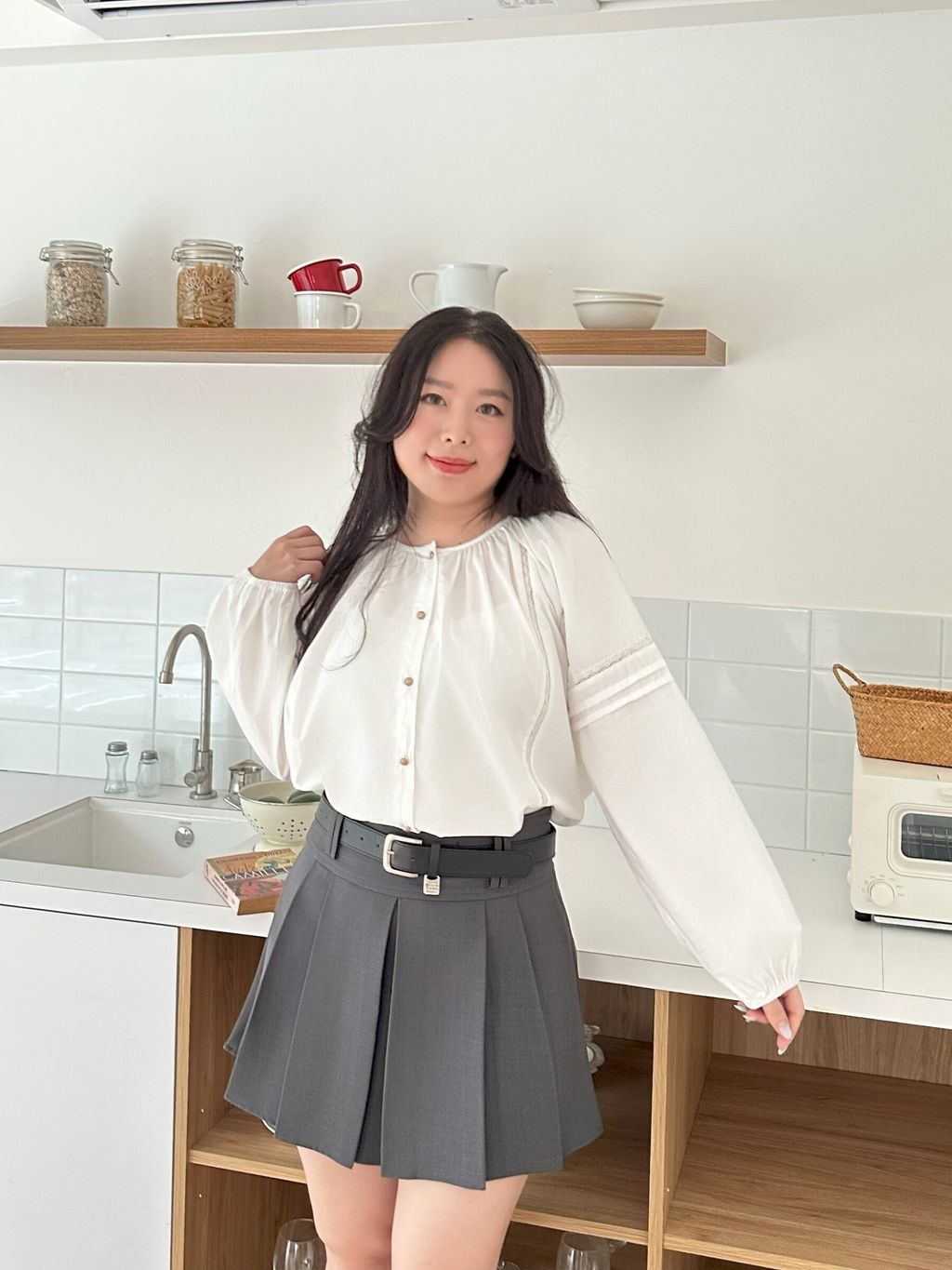 蕾絲拼接排扣上衣 (10)