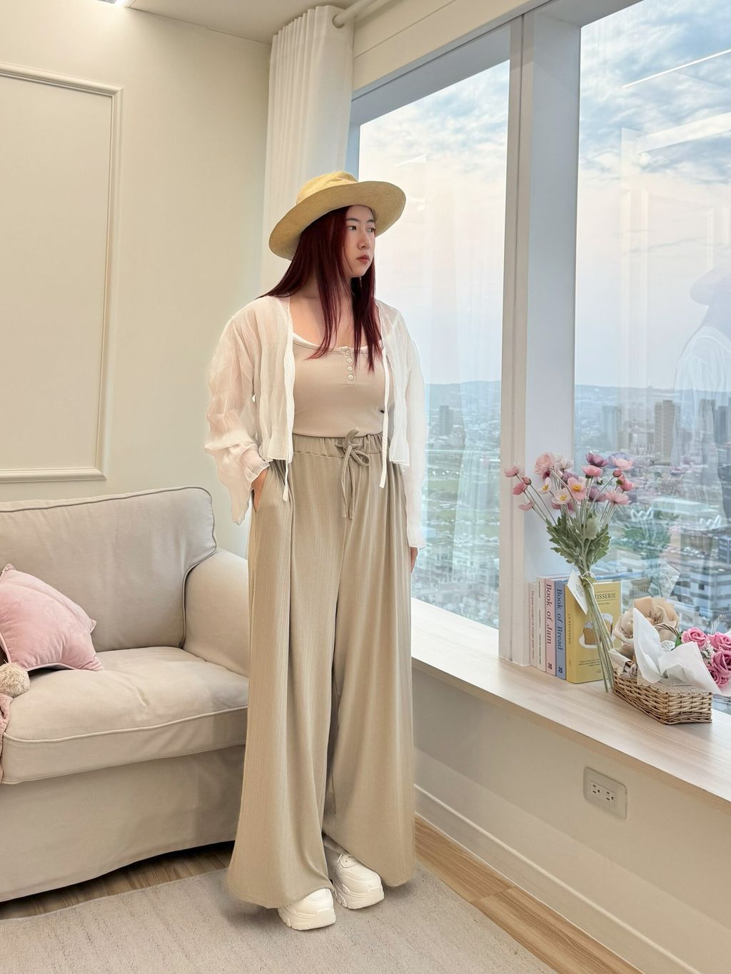 (高個子)綁帶坑條寬褲 (2)