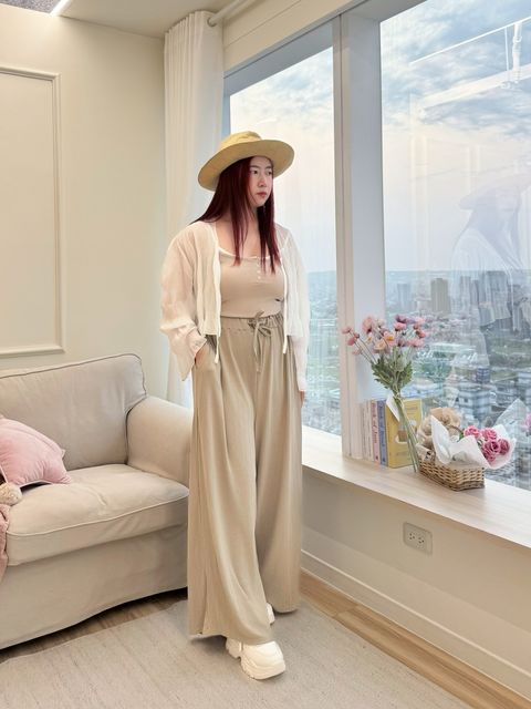 (高個子)綁帶坑條寬褲 (1)