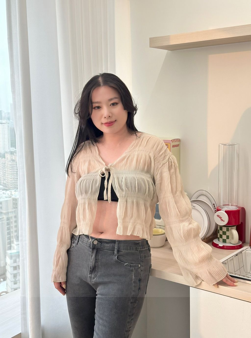 溫柔雪紡綁帶罩衫 (2)