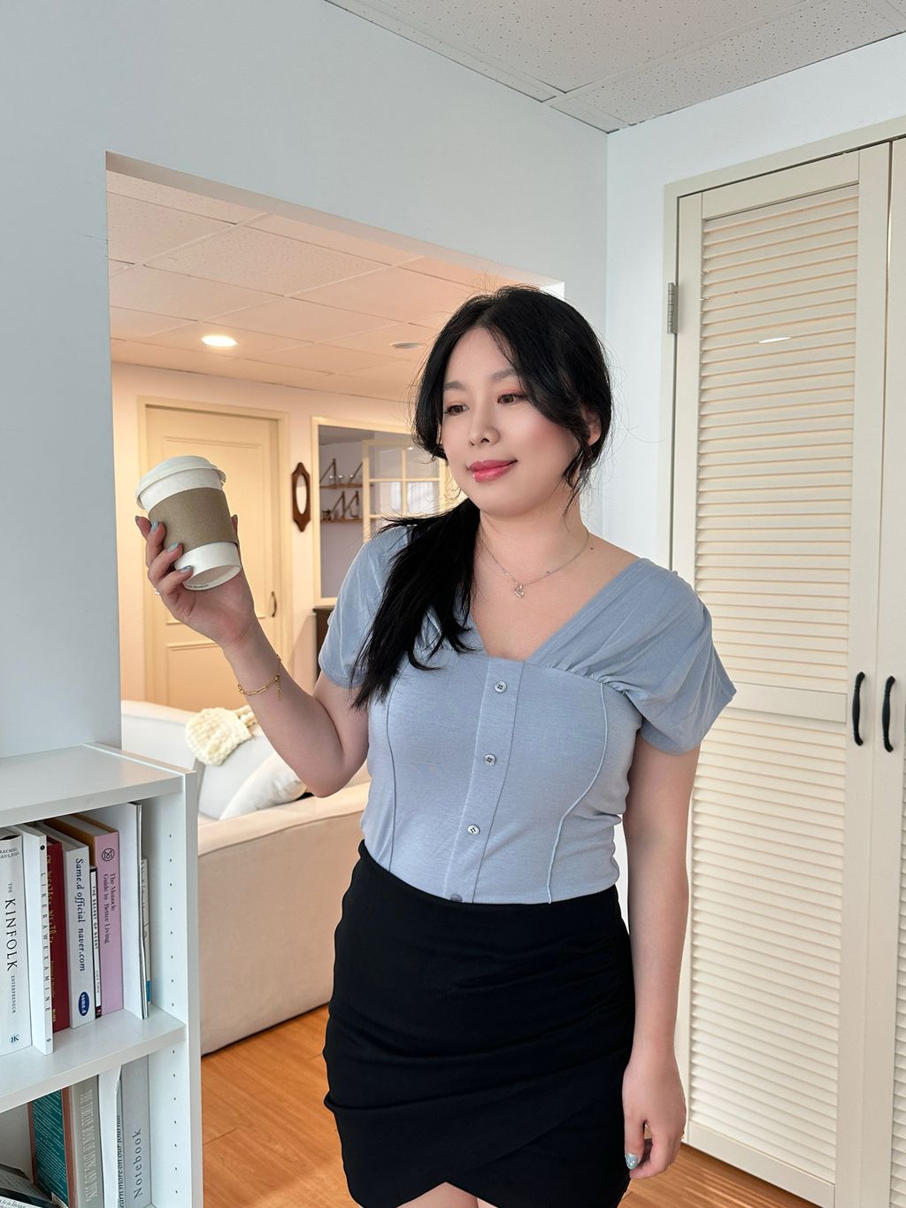 溫柔感褶皺胸墊上衣 (2)