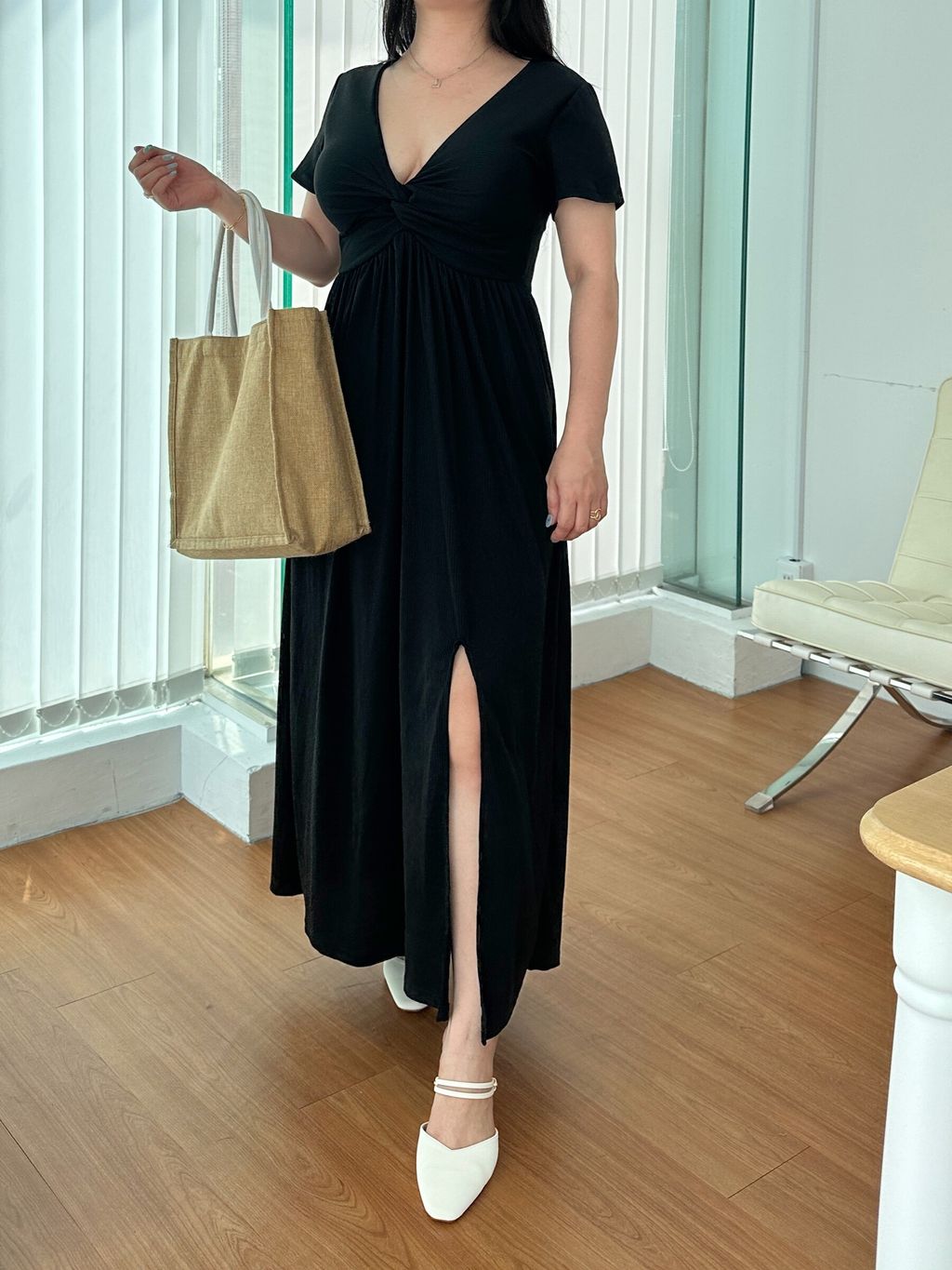 (正韓)扭結開衩長洋裝(附胸墊) (11)