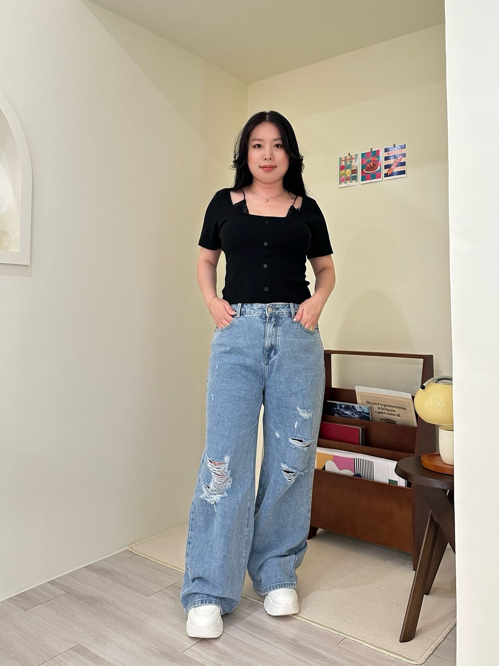 (正韓)刷破翹臀高腰牛仔寬褲 (8)