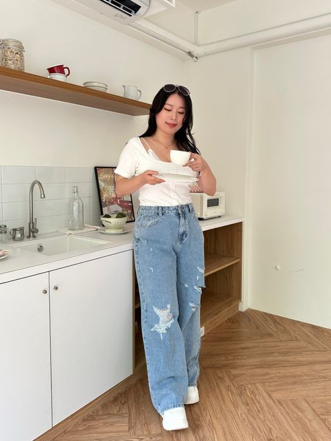 (正韓)刷破翹臀高腰牛仔寬褲 (7)