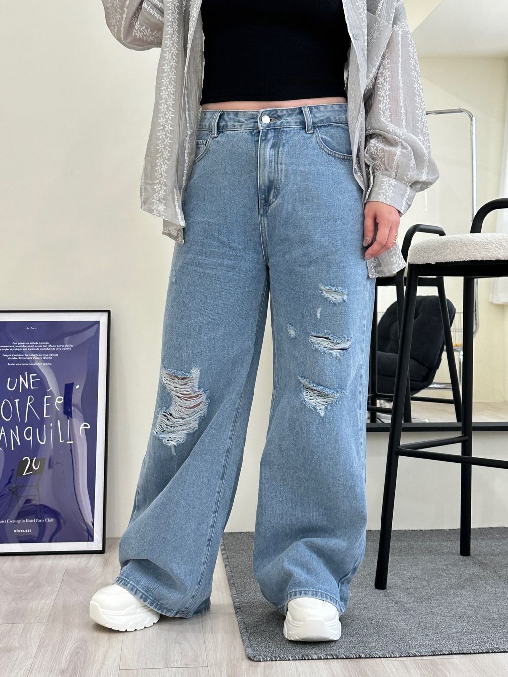 (正韓)刷破翹臀高腰牛仔寬褲 (9)