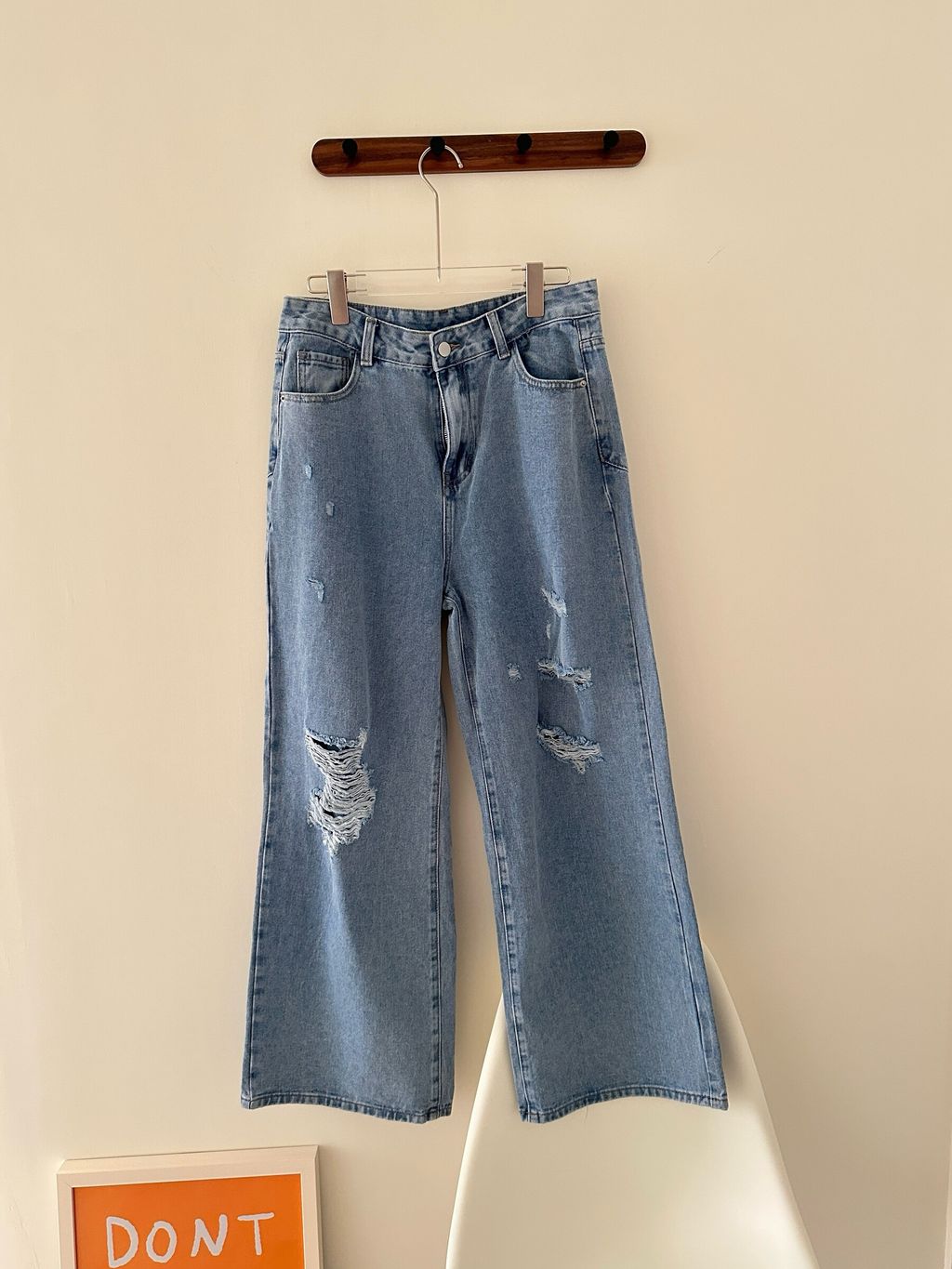 (正韓)刷破翹臀高腰牛仔寬褲 (3)