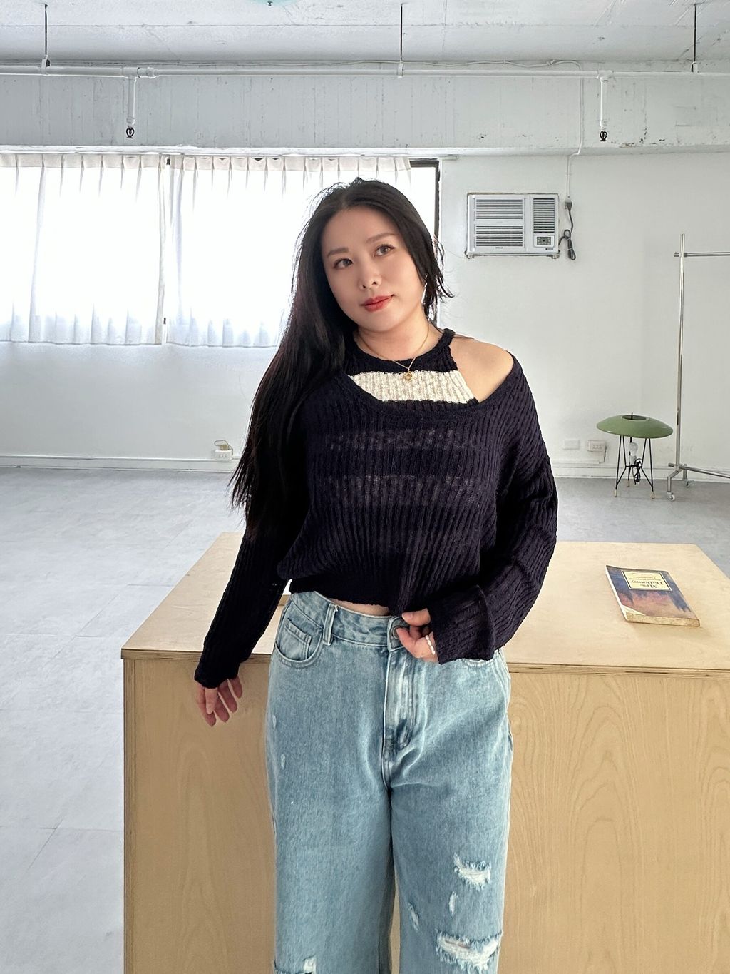 條紋削肩背心長袖罩衫套裝 (14)