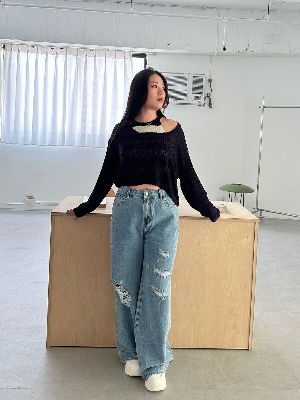 條紋削肩背心長袖罩衫套裝 (17)